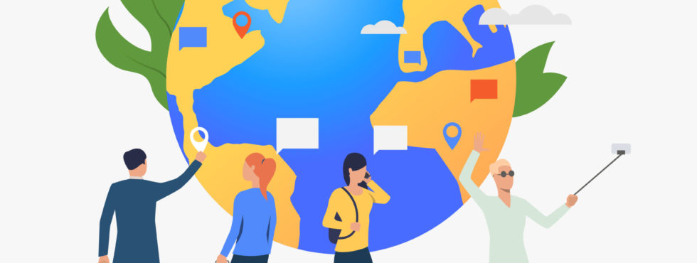 Globe And People Using Gadgets Vector Illustration. Connection, Networking, Globalization. Global Communication Concept. Design For Website Templates, Posters, Banners