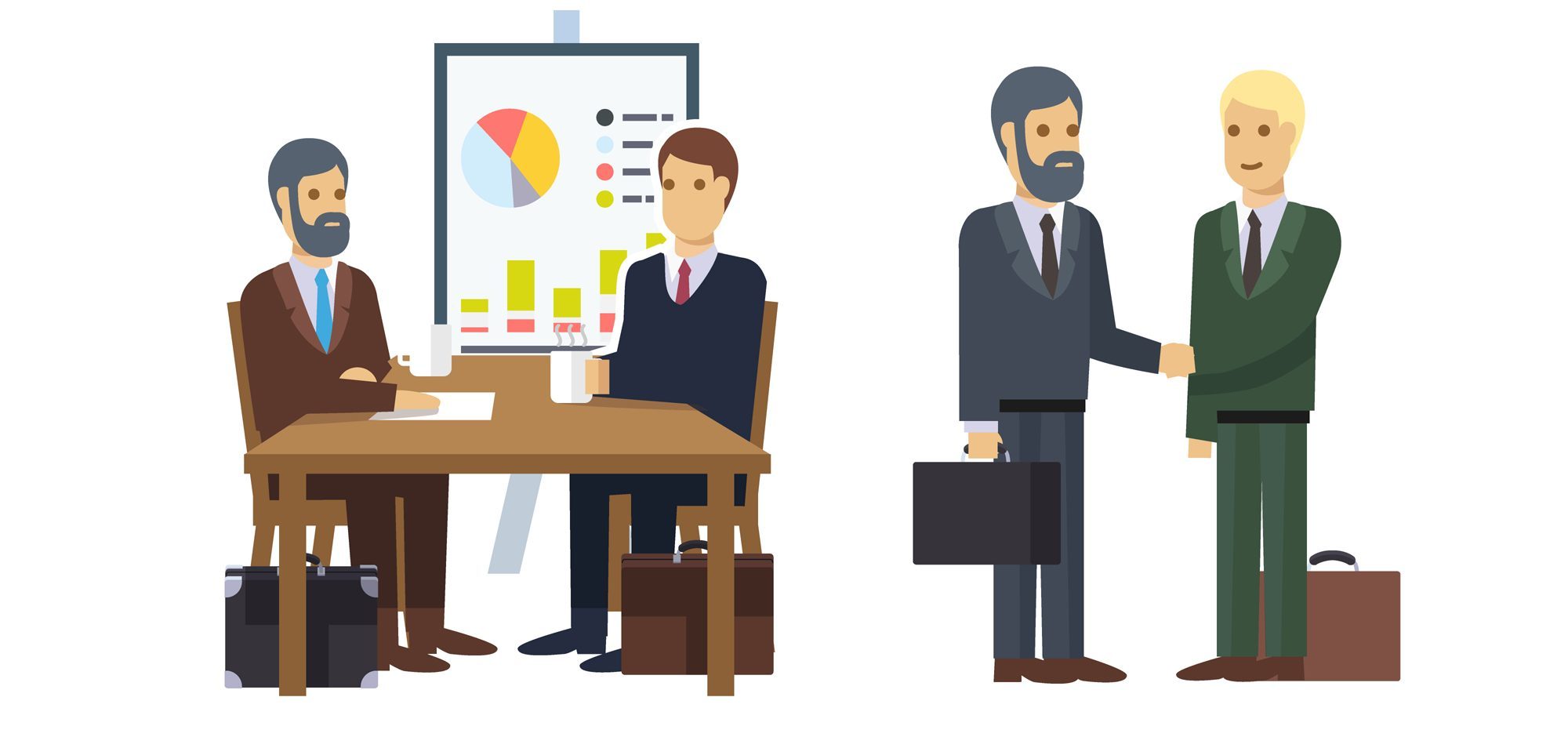 Business Job Interview, Brainstorming, Sale Closing, Handshake And Various Charts. Flat Icon Set. EPS 10 Vector.