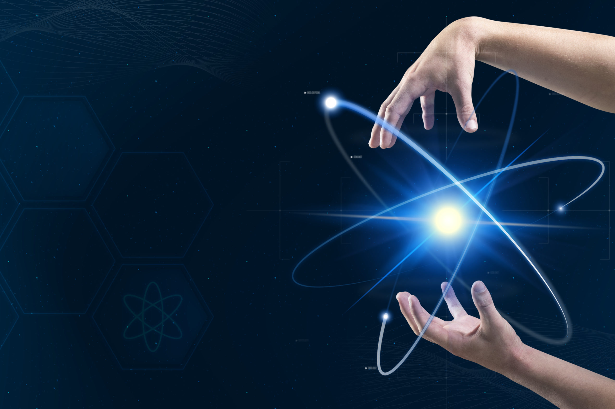 Atom Biotechnology Nuclear Medicine With Scientist’s Hands Digital Transformation Remix