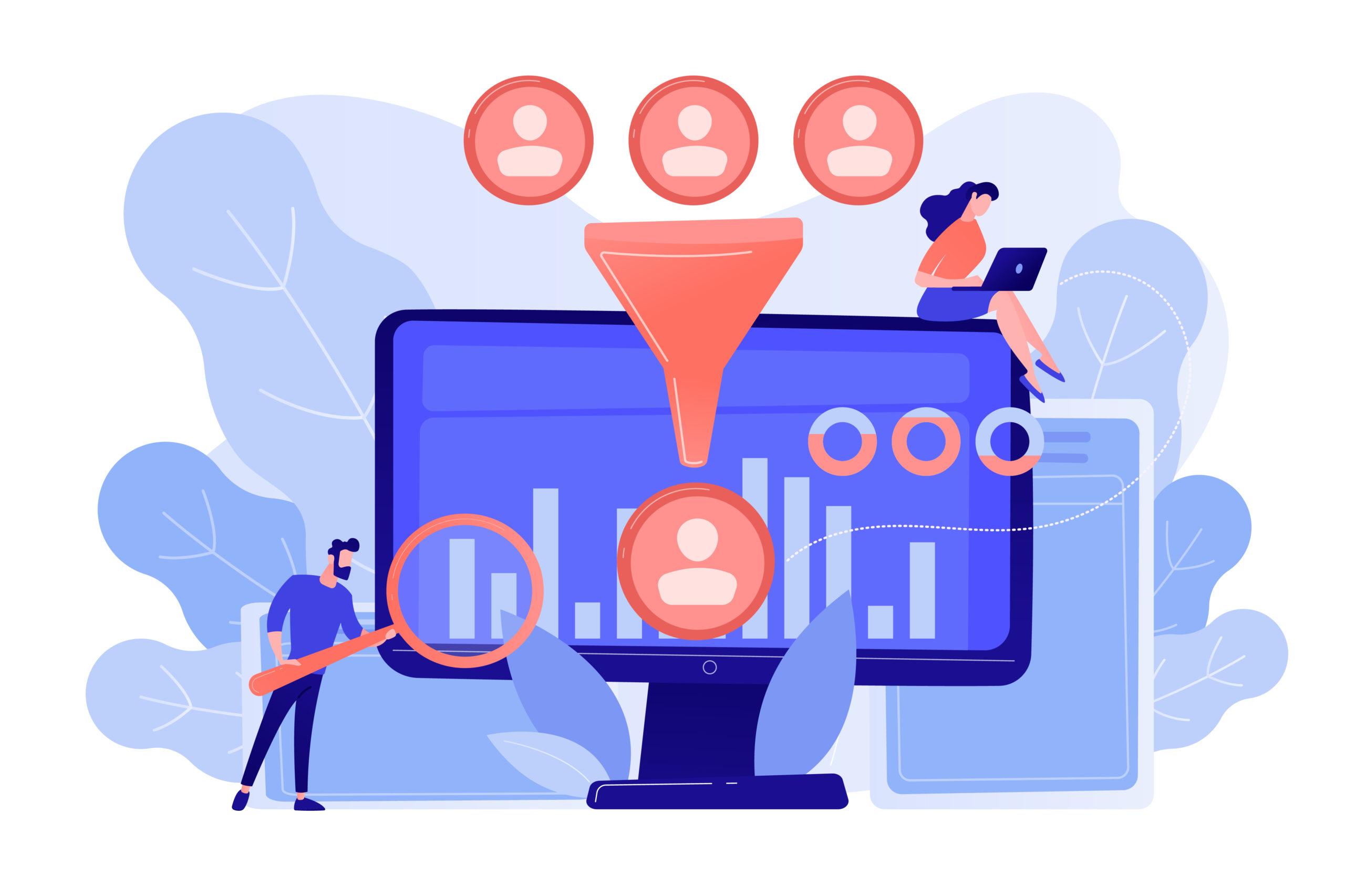 Data Scientist And Specialist Extract Knowledge And Insights From Data. Data Science Analytics, Machine Learning Control, Big Data Analytics Concept. Pinkish Coral Bluevector Isolated Illustration
